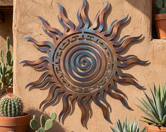 Escultura metálica de sol en espiral, decoración para jardín desértico, arte mural para exteriores.