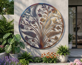 Arte mural botánico de metal, decoración floral para jardín, escultura de pared para exteriores
