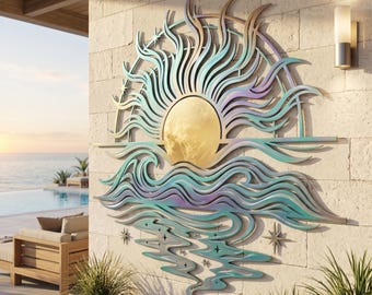 Decoración de pared metálica con diseño de puesta de sol costera, olas del océano, ideal para colgar en la pared de una casa de playa.