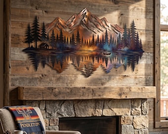 Letrero rústico de montaña para pared, arte en metal con escena de lago, decoración de bosque