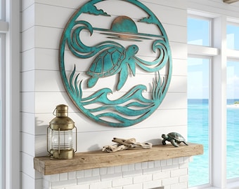 Decoración de pared con forma de tortuga de metal, arte para el hogar con temática costera, regalo náutico.