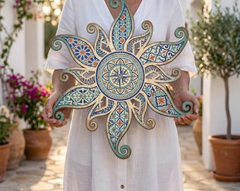 Mediterranean Mosaic Garden Sculpture, Celestial Sun Metal Wall Art, Turquoise Patina Sunburst Plaque, Outdoor Patio Southwest Decor