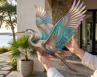 Adorno de pared de metal con forma de garza azul, decoración para casas de playa costeras, decoración náutica para pared.