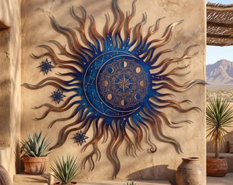 Decoración de pared metálica del Sol Celestial - Decoración de pared del Sol y la Luna - Letrero metálico bohemio para exteriores - Arte del Sol Mandala, decoración del suroeste, arte de pared para patio