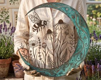 Crescent Moon Sign, Bee and Moon Metal Wall Art, Wildflower Garden Decor