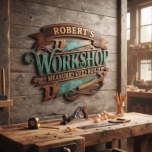 May include: A wall-mounted wooden sign featuring the text 'ROBERT'S WORKSHOP' and 'MEASURE CUT BUILD' with teal-colored saw blade accents. The sign is displayed above a workbench containing a tape measure, a hand plane, and wood shavings.