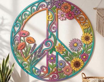 Decoración de pared con el símbolo de la paz floral, estilo hippie de metal, acento para habitaciones bohemias.