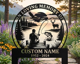 Personalized Fishing Memorial Garden Stake – Custom Fisherman Grave Marker Plaque