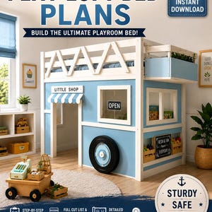 Planos para cama alta infantil con casita de juegos / Muebles individuales para armar (Descarga en PDF)