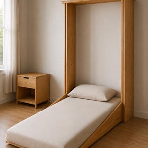 May include: A light wood wall bed frame with a vertical storage unit and a single mattress featuring a beige cover and a matching pillow. Beside the bed stands a small, square wooden nightstand with a single drawer and an open storage shelf below.