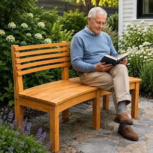 May include: A light brown wooden bench with a slatted backrest and a flat seat, featuring four sturdy legs. The bench is constructed from horizontal wooden slats and vertical support posts, showcasing a natural wood grain finish throughout.