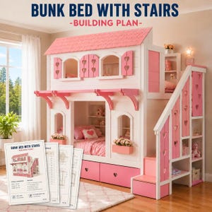 Puede incluir: Una litera blanca y rosa con techo, recortes en forma de corazón y escaleras integradas. La estructura incluye cajones de almacenamiento, estanterías y una cama superior. Un documento de plano de construcción muestra el texto BUNK BED WITH STAIRS.
