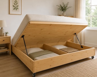 Plans de lit coffre, lit Queen/Full (PDF), plan de lit plateforme relevable en bois, cadre de lit avec rangement à faire soi-même, téléchargement numérique