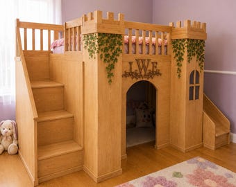 Plans de lit mezzanine Castle | Maisonnette simple avec escalier, toboggan (téléchargement PDF)