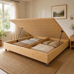 May include: A light-colored wooden storage bed frame with a lift-up platform mechanism. The interior compartment is divided into two sections, containing folded blankets, pillows, and a woven basket. The frame is supported by small wheels.