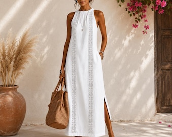 Vestido largo de lino para mujer, vestido de verano sin mangas, vestido de playa estilo boho, vestido holgado para vacaciones, vestido informal para resort.