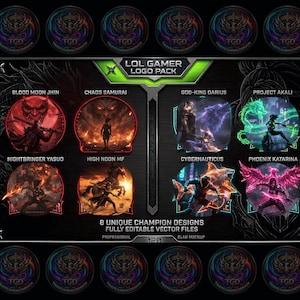 Puede incluir: Un conjunto de diseño gráfico digital titulado LOL GAMER LOGO PACK que presenta ocho ilustraciones circulares de personajes, incluyendo Blood Moon Jhin, Chaos Samurai, God-King Darius, Project Akali, Nightbringer Yasuo, High Noon MF, Cybernauticus y Phoenix Katarina.
