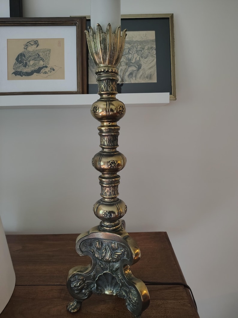 Tall massive candelabra brass lamp Hollywood regency rococo image 2