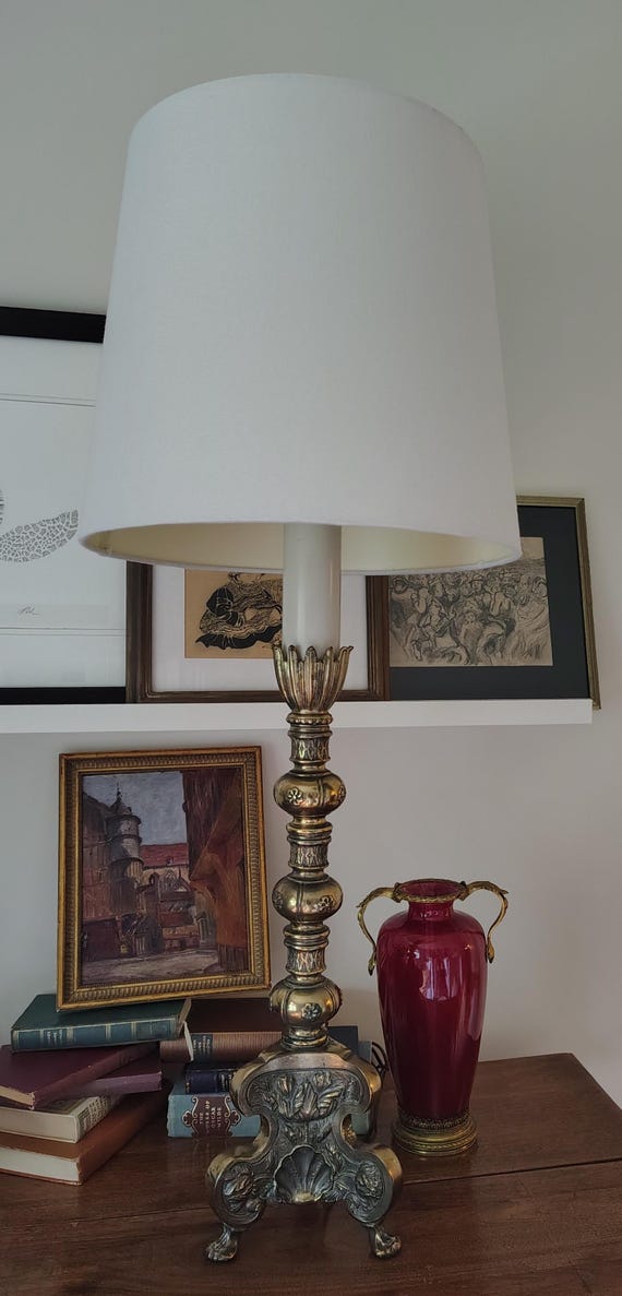 Tall massive candelabra brass lamp Hollywood regency rococo