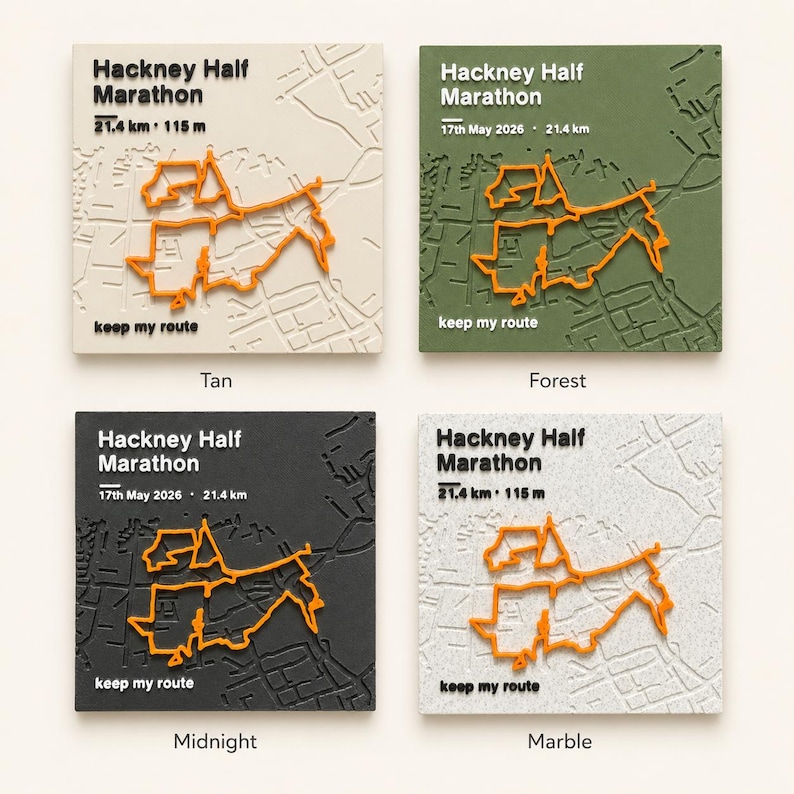May include: Four square plaques displaying the Hackney Half Marathon route in orange relief. Each plaque features a street map background, the text Hackney Half Marathon, and keep my route. Available in tan, forest green, midnight black, and marble grey.