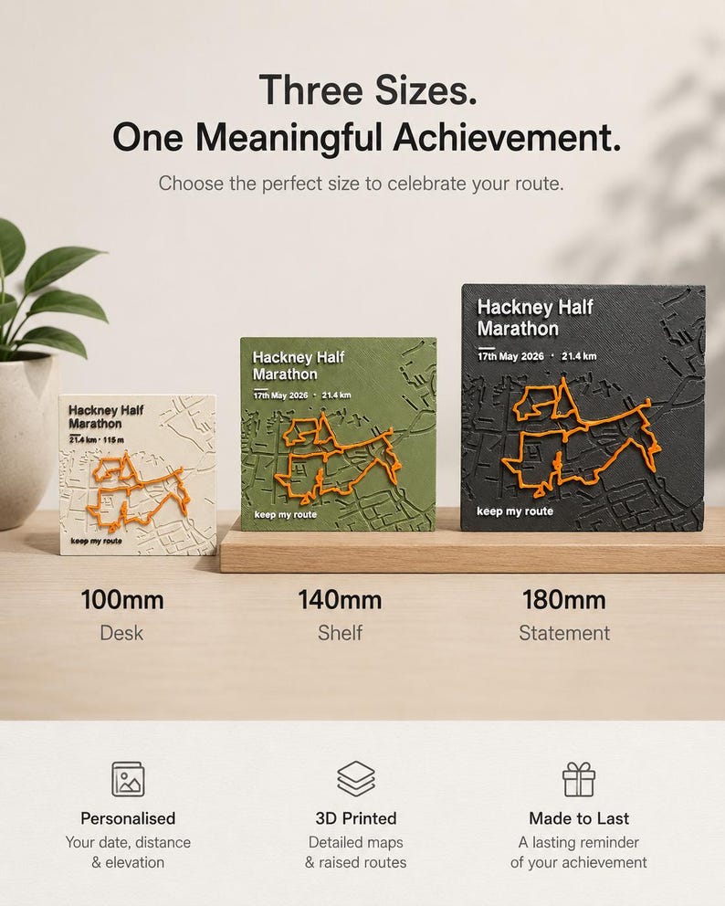 May include: Three square plaques in white, olive green, and black, each featuring a raised orange Hackney Half Marathon route map, the text Hackney Half Marathon, 17th May 2026, 21.4 km, and keep my route. Sizes are labelled as 100mm, 140mm, and 180mm.