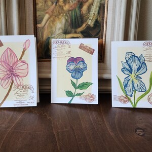 ensemble de cartes de voeux florales aquarelles peintes à la main / oeuvre d'art originale / la série du cachet de la poste / orchidée / iris / pensée