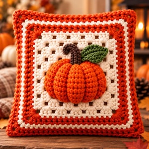 Puede incluir: Un cojín cuadrado de ganchillo que presenta una calabaza naranja tridimensional en el centro con un tallo marrón oscuro y una hoja verde. La calabaza está rodeada por un patrón de granny square blanco, enmarcado por un borde grueso de lana naranja.