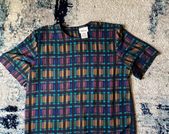 Blusa Worthington a cuadros estilo vintage de los años 80/90 / Top retro geométrico de manga corta (XL)