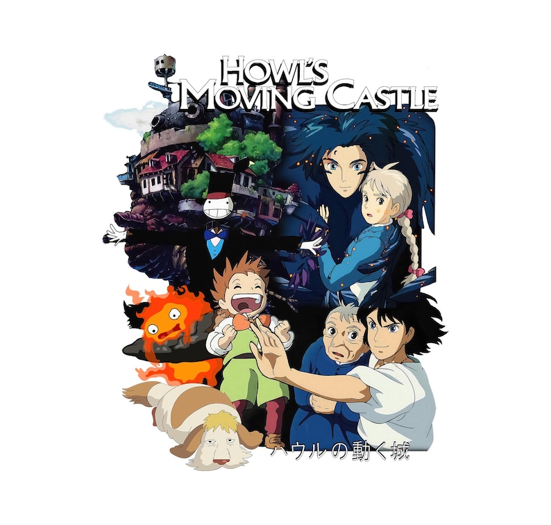 Pode incluir: Ilustra&ccedil;&atilde;o colorida de "O Castelo Animado", com personagens e um castelo. A imagem apresenta uma criatura de fogo e outros personagens animados. O t&iacute;tulo "Howl's Moving Castle" &eacute; exibido no topo.