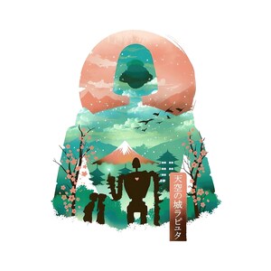May include: Silhouette art featuring a robot, couple, and Japanese landscape with Mount Fuji, cherry blossoms, and a pagoda. The design incorporates a figure with a mountain and sky background, and the text "Castle in the Sky Laputa".