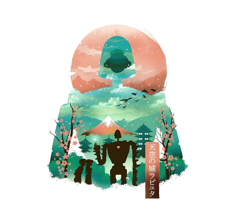 May include: Silhouette art featuring a robot, couple, and Japanese landscape with Mount Fuji, cherry blossoms, and a pagoda. The design incorporates a figure with a mountain and sky background, and the text "Castle in the Sky Laputa".