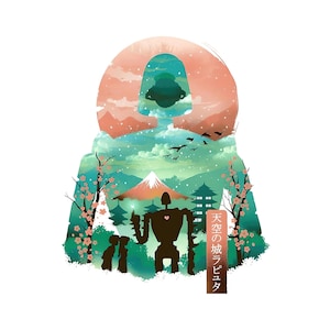 May include: Silhouette art featuring a robot, couple, and Japanese landscape with Mount Fuji, cherry blossoms, and a pagoda. The design incorporates a figure with a mountain and sky background, and the text "Castle in the Sky Laputa".