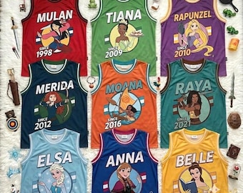 Maglia da basket delle Principesse Disney, canotta con Ariel, Belle, Rapunzel, Moana e Anna, regalo Disney per bambini e fan delle principesse, maglietta regalo di compleanno