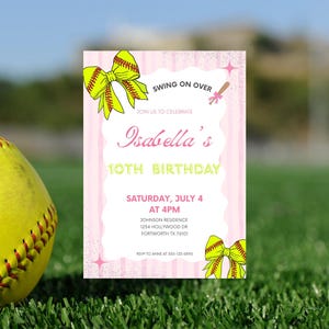 Girls Softball Birthday Invitation, Pink Bow Sports Theme, Editable Canva Invite (Digital Download)