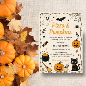 May include: A cream-colored Halloween party invitation featuring the text Pizza & Pumpkins, The Johnsons, October 17th, at 5:00 pm, The Spooky House, 132 Haunted St, Austin TX 12123, RSVP to Jas: 714-151-9563, and Wear your costume! with ghost and cat art.
