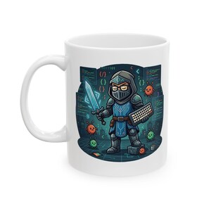 May include: A white ceramic mug featuring a graphic illustration of a hooded warrior in blue armour holding a glowing sword and a computer keyboard. The background displays digital code, floating red and green bug icons, and a dark cityscape.