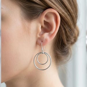 Titanium Earrings Hoops, Hoop Earrings for Sensitive Ears, Double Bangled Rhodium Hoop Dangle, Birthday Gift