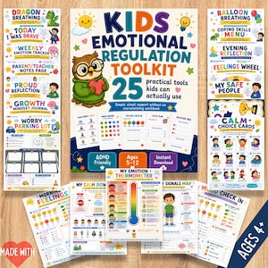Può includere: Una raccolta di materiali didattici intitolata Kids Emotional Regulation Toolkit, con un'illustrazione di un gufo, vari grafici, tracker delle emozioni e schede di attività con grafiche colorate, testo e icone per bambini dai 5 ai 12 anni.