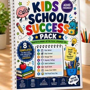 May include: A spiral-bound Kids School Success Pack planner featuring a colorful cover with a brain character, a backpack, and a list of 8 templates including Plan Better, Stay Focused, Manage Time, Regulate Feelings, Build Confidence, Reach Goals, Create Good Habits, and Feel Proud Every Day.