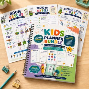 May include: A spiral-bound Kids Planner Bundle with colorful graphics, featuring sections titled Room Rescue, Proud of Myself Reflection, and Problem Solving Path. The cover displays various planning tools, a pencil character, and text including ADHD Friendly.