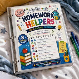May include: A white three-ring binder containing a colorful educational sheet titled Kids With ADHD Homework Helpers. The page features illustrations of a brain, backpack, books, and pencils, with a numbered list of eight tools and text.