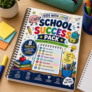 May include: A spiral-bound workbook titled Kids with ADHD School Success Pack featuring colorful illustrations of a brain, a pencil, a backpack, and a stack of books. The cover lists eight templates for organization, focus, and confidence building.
