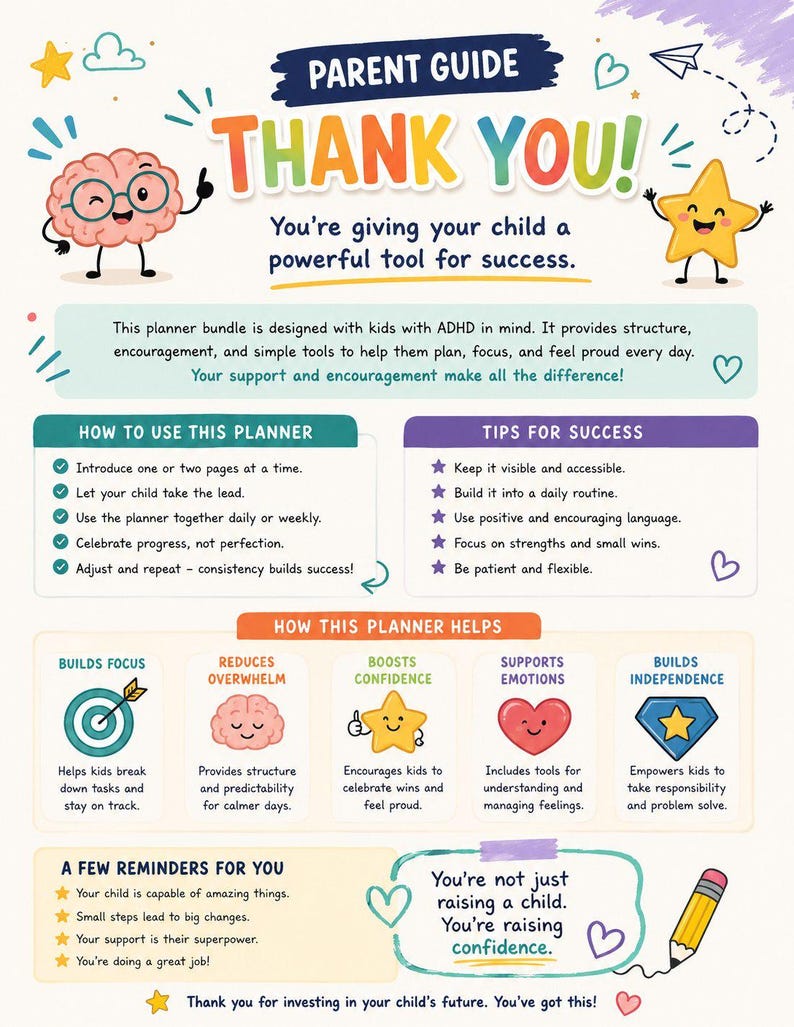 ADHD Planner for Kids Printable, 25 Page Executive Function Bundle ...