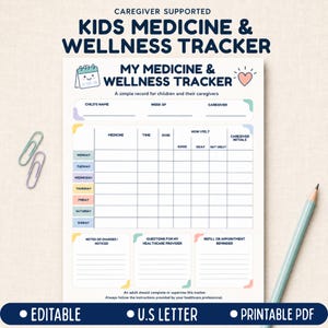 May include: A printable kids medicine and wellness tracker document featuring a weekly grid for tracking medication, dosage, time, and daily feelings. The form includes sections for child name, caregiver, notes, healthcare questions, and appointment reminders.