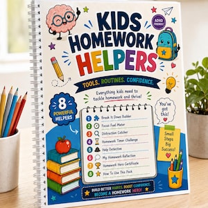 Può includere: Un quaderno a spirale intitolato Kids Homework Helpers con illustrazioni colorate di un cervello, uno zaino e una pila di libri. La copertina elenca otto strumenti, tra cui un Break It Down Builder, Focus Fuel Meter e Homework Hero Certificate.