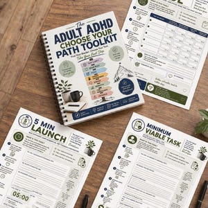 May include: A spiral-bound workbook titled The Adult ADHD Choose Your Path Toolkit, accompanied by three printed worksheets titled Time Estimate Tool, 5 Min Launch, and Minimum Viable Task, featuring various icons, checklists, and text fields.