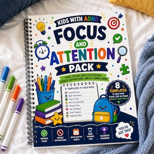 May include: A spiral-bound workbook titled Kids with ADHD Focus and Attention Pack. The cover features colorful illustrations of a pencil cup, books, a backpack, and icons like a clock, target, and lightbulb, with text listing 8 templates.