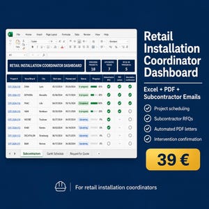 Project Management Spreadsheet Excel | Gantt Chart Subcontractor Tracker | Retail Store Installation Planner