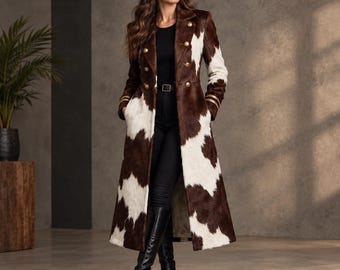 Cappotto lungo da donna in pelle bovina marrone e bianca / Cappotto lungo stile western patchwork, revers strutturati, bottoni dorati