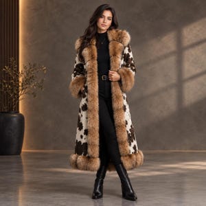 May include: A long coat featuring a white and brown cow print pattern, accented with thick, fluffy brown fur trim along the collar, front opening, cuffs, and hem. The coat is worn over a black turtleneck sweater, black trousers, and black boots.